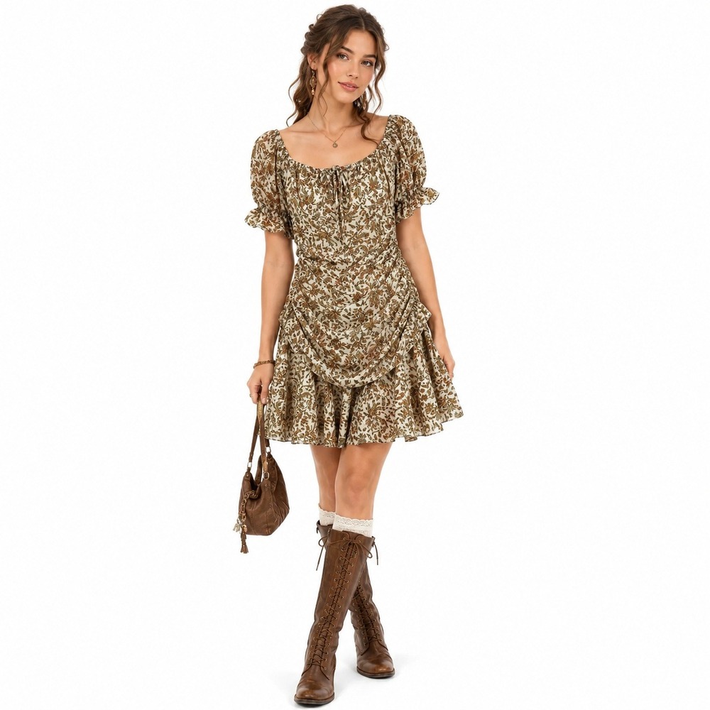 Blue B Ruched Floral Paisley Mini Dress Brown Renfaire Cottagecore Fairy Size S